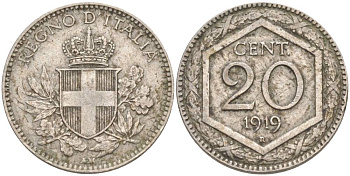 ИТАЛИЯ 20 ЧЕНТЕЗИМО 1919 R, ВИКТОР ЭММАНУИЛ III (1900-1946) KM 58, VEM3. 1013 медно-никель 3853-235