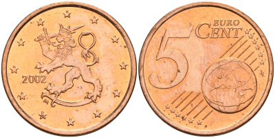 Финляндия 5 евроцентов 2002 KM 100 сталь плакированная медью UNC M57-02