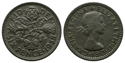 Великобритания 6 пенсов 1958 Елизавета II (1952-2022) KM 903, Spink 4149 медно-никель 4381-669