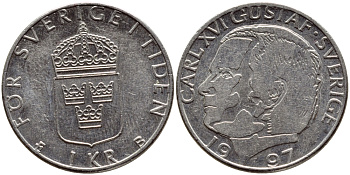 Швеция 1 крона 1997 Карл XVI Густав (1973- ) KM 852a медно-никель 4382-915