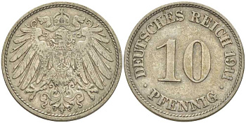 ГЕРМАНИЯ 10 ПФЕННИГОВ 1911 J KM 12, J. 13, Weege 8 медно-никель 212-144