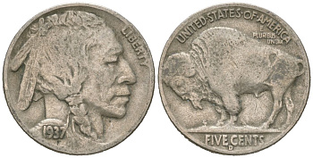 США 5 центов 1937 D, индеец, бизон KM 134 медно-никель 4602-814