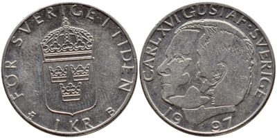 Швеция 1 крона 1997 Карл XVI Густав (1973- ) KM 852a медно-никель 4382-915