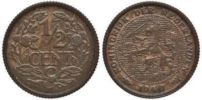 НИДЕРЛАНДЫ 1/2 ЦЕНТА 1940 ВИЛЬГЕЛЬМИНА I (1890-1948) KM 138 бронза 4381-638
