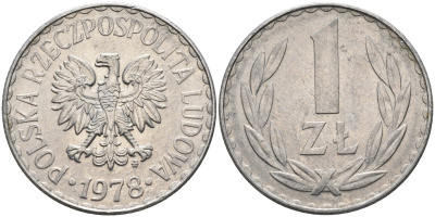 Польша 1 злотый 1978 MW, Народная Республика KM 49.1, Parchimowicz 213p алюминий 4182-312