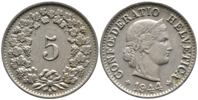 Швейцария 5 раппенов 1944 KM 26 медно-никель 4528-634