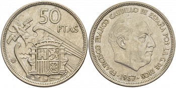 ИСПАНИЯ 50 ПЕСЕТ 1958 1957 ГОД, ФРАНЦИСКО ФРАНКО KM 788 медно-никель 3457-225