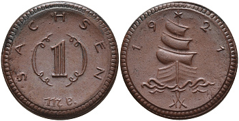 Саксония 1 марка 1921 парусник J. N 55 фарфор 1094-3-22
