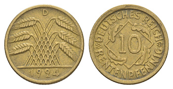 Германия 10 рентенпфеннигов 1924 D KM 33, J. 309 алюминиевая бронза 4644-1224