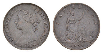Великобритания 1 фартинг 1891 Виктория (1837-1901) KM 753, Spink 3958 бронза 4630-162