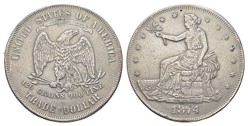 США КОПИЯ-медаль 1 доллар 1874 копия - Торговый доллар тип - KM 108 белый металл 4184-211
