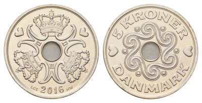 Дания 5 крон 2016 Маргрете II (1972-2024) KM 869 медно-никель UNC 119-115