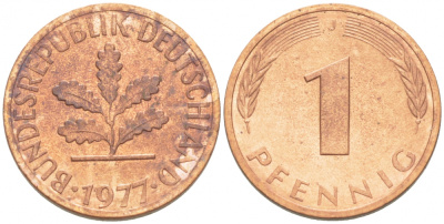 ФРГ 1 ПФЕННИГ 1977 J KM 105 J 380 сталь плакированная медью 3718-224