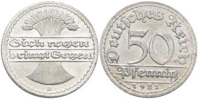 ГЕРМАНИЯ 50 ПФЕННИГОВ 1921 D KM 27, J. 301, Weege 10 алюминий 261-732