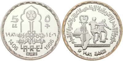 Египет 5 фунтов 1986 АН1406, кубок Африки по футболу, игроки KM 590 серебро  PROOF  11-275-43