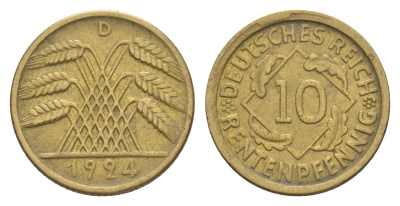 Германия 10 рентенпфеннигов 1924 D KM 33, J. 309 алюминиевая бронза 4644-1224