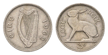 Ирландия 3 пенса 1962 заяц KM 12a медно-никель 4696-452