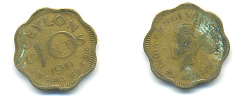 ЦЕЙЛОН 10 ЦЕНТОВ 1944 ГЕОРГ VI KM 118 никель латунь 86-1445