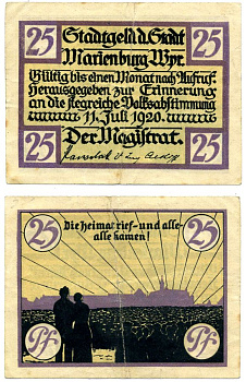 Мариенбург 25 пфеннигов 1920 11 июля 1920, нотгельд, земля Померания Grabowski 870.1 бумага 2195-47-1-1