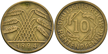 Германия 10 рентенпфеннигов 1924 J KM 33, J. 309, Weege 8 алюминиевая бронза 08-926