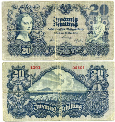 АВСТРИЯ 20 ШИЛЛИНГОВ 1945 РУССКАЯ ОККУПАЦИЯ, ВТОРАЯ МИРОВАЯ ВОЙНА Pick 116 бумага 3295-9-2