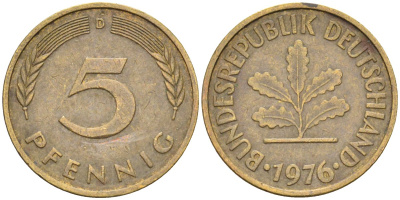 ФРГ 5 пфеннигов 1976 D KM 107, J.382 сталь плакированная латунью 4174-752