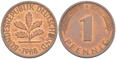 ФРГ 1 ПФЕННИГ 1988 G KM 105, J. 380 сталь плакированная медью 4181-668