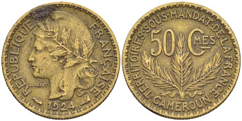 Французский Камерун 50 сантимов 1924 (а), монетный двор Париж KM 1 алюминиевая бронза 71-1545