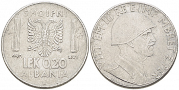 Албания 0,20 лека 1940 R, Итальянская оккупация KM 29 нержавеющая сталь 77-755