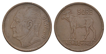Норвегия 5 эре 1963 Улаф V (1957-1991) KM 405 бронза 4635-557