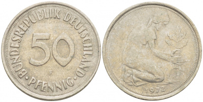 ФРГ 50 ПФЕННИГОВ 1972 F KM 109.2 J 384a медно-никель 3996-1263