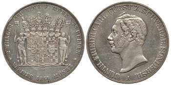 Шварцбург-Зондерсгаузен 2 талера = 3 1/2 гульдена 1854 А, Гюнтер Фридрих Карл II (1835-1880) KM 23, Thun 399, AKS 37 серебро 00-000-00