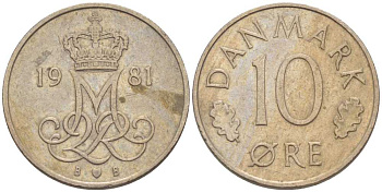 ДАНИЯ 10 ЭРЕ 1981 B; B, МАРГРЕТЕ II (1972-) KM 860.2 медно-никель 4387-1226