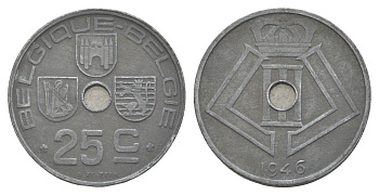 Бельгия 25 сантимов 1946 Belgique - Belgie, Леопольд III (1934-1951), германская оккупация, Вторая мировая война KM 131 цинк 4538-926