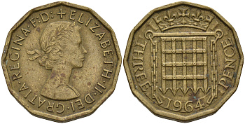 Великобритания 3 пенса 1964 Елизавета II (1952-2022) KM 900, Spink 4153 никель латунь 4603-133