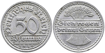 ГЕРМАНИЯ 50 ПФЕННИГОВ 1919 D KM 27, J. 301 алюминий 24-931