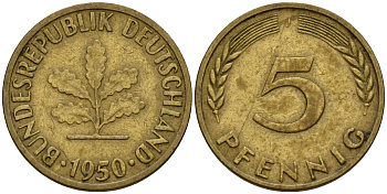 ФРГ 5 пфеннигов 1950 J J.382, KM 107 сталь плакированная латунью    4598-814