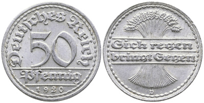 ГЕРМАНИЯ 50 ПФЕННИГОВ 1920 D KM 27, J. 301 алюминий 24-944
