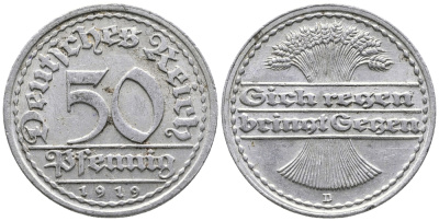 ГЕРМАНИЯ 50 ПФЕННИГОВ 1919 D KM 27, J. 301 алюминий 24-931
