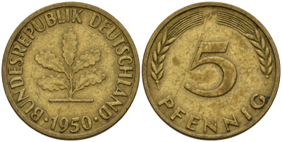 ФРГ 5 пфеннигов 1950 J J.382, KM 107 сталь плакированная латунью    4598-814