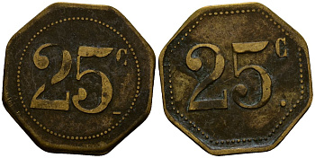 Франция 25 сантимов XIX-XX век ресторанный жетон латунь 4166-514