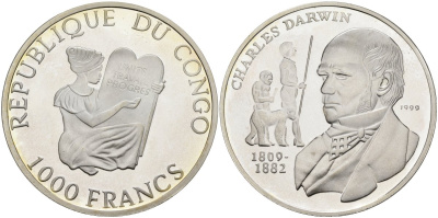 Конго 1000 франков 1999 Чарльз Дарвин KM 43 серебро PROOF 00-000-00