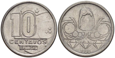 Бразилия 10 сентаво 1989 золотодобыча KM 613 нержавеющая сталь 116-1257