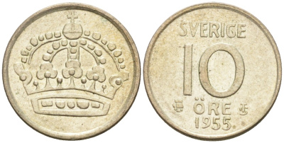Швеция 10 эре 1955 TS, Густав VI Адольф (1950-1973) KM 823 серебро 192-146
