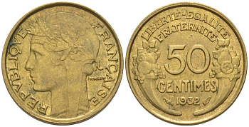 ФРАНЦИЯ 50 САНТИМОВ 1932 ТИП MORLON, OPEN 9, С ЯГОДОЙ KM 894.1, LE FRANC 192.7 алюминиевая бронза 44-727