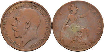 Великобритания 1 пенни 1912 Георг V (1910-1936) KM 810, Spink 4051 бронза 4593-141