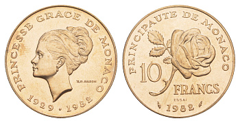 Монако 10 франков 1982 Смерть принцессы Грейс, Essai - Пробник KM E72 медь алюминий никель BU 11-132-34