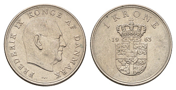 Дания 1 крона 1963 C;S, Фредерик IX (1947-1972) KM 851 медно-никель 56-341