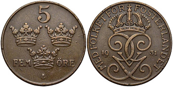 Швеция 5 эре 1931 Густав V (1907-1950) KM 779.2 бронза 27-542