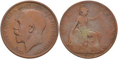 Великобритания 1 пенни 1912 Георг V (1910-1936) KM 810, Spink 4051 бронза 4593-141